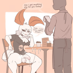 anthro arthropod_abdomen balls blep bodily_fluids bottomless bottomless_anthro bottomless_male chair clothed clothing cum cum_string duo_focus feelers femboy foreskin furniture genital_fluids genitals group half-erect humanoid_genitalia humanoid_penis male menu notebook on_chair penile penis penis_grab public public_exposure restaurant shirt sitting sitting_on_chair t-shirt table text tongue tongue_out topwear waiter white_body tinysmallman flicker_(tinysmallman) arthropod insect lepidopteran moth 1:1 absurd_res english_text hi_res