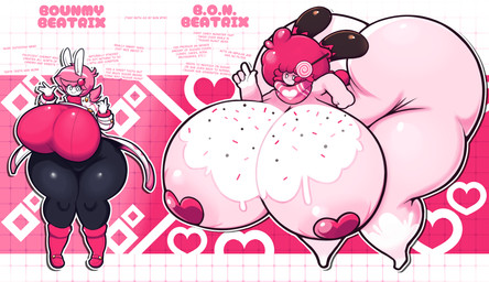 4_fingers accessory anthro areola areola_slip barefoot bent_over big_breasts big_butt biped black_clothing boots bottomwear breasts butt clothed clothing dessert duo eyelashes feet female fingers food footwear front_view fully_clothed glistening hair hair_accessory hairpin huge_breasts huge_butt huge_hips huge_thighs hyper hyper_breasts hyper_butt hyper_thighs leg_markings looking_at_viewer markings monotone_body mostly_nude mostly_nude_female open_mouth open_smile outline pants pasties pink_body pink_hair red_clothing scarf shoes smile socks_(marking) standing text thick_thighs three-quarter_view topwear white_body wide_hips dewbber bounmy_beatrix lagomorph leporid mammal rabbit 2025 absurd_res character_name digital_drawing_(artwork) digital_media_(artwork) english_text hi_res