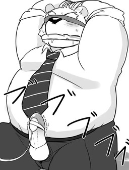 anthro balls blush bound cleave_gag clothed clothing erection gag gagged genitals male masturbation penile penile_masturbation penis restrained sex_toy simple_background solo submissive submissive_male toying_self white_background 12beat13 bear mammal monochrome source_request