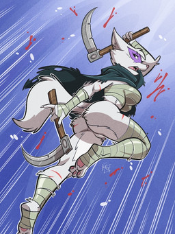 anthro breasts butt chest_wraps cloak clothing dual_wielding facial_markings feet female fur hand_wraps head_markings holding_object holding_weapon leg_wraps markings mask_(marking) melee_weapon open_mouth pawpads side_boob solo weapon white_body white_fur wraps fabio_paulino teenage_mutant_ninja_turtles alopex arctic_fox canid canine fox mammal true_fox 2026 3:4