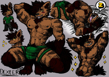 abs accessory anthro bed blush bodily_fluids bottomwear brown_body brown_fur clothed clothing crouching ear_piercing ear_ring fur furniture green_clothing green_eyes grin hair inner_ear_fluff jewelry jockstrap jockstrap_bulge jockstrap_only male muscular muscular_male nipples pecs piercing ring_piercing saliva simple_background sleeping smile solo sparkles stripes tail tongue tongue_out topless tuft underwear underwear_only yellow_sclera jwbash hyena mammal 2026 digital_media_(artwork) hatching_(art) hi_res shaded sketch_page traditional_media_(artwork)