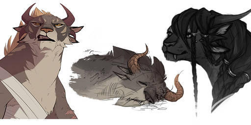 anthro bandage bared_teeth group hair horn looking_aside multi_ear smile teeth thick_neck trio aaah_(artist) guild_wars charr felid mammal