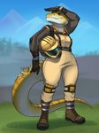 anthro countershading day detailed_background female fingers outside sky solo standing kittydee coffee_stain_studios satisfactory_(game) allison_(slither) agamid bearded_dragon lizard reptile scalie 2020 digital_media_(artwork) hi_res