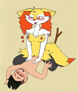 anthro arm_tuft black_body black_fur blush cheek_tuft chest_tuft duo facial_tuft female female_anthro fur genitals hearts_around_body human_on_anthro inner_ear_fluff interspecies male male/female male_human multicolored_tail nude object_in_tail on_top orange_body orange_eyes orange_fur orange_nose pokephilia pose sex shoulder_tuft simple_background stick stick_in_tail tail tuft white_body white_fur yellow_body unknown_artist nintendo pokemon cip braixen canid canine fox generation_6_pokemon human humanoid mammal pokemon_(species) hi_res upscale