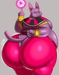 5_fingers anthro belly big_butt bottomwear bracelet butt clothing ear_piercing fingers fist furgonomic_pants gold_(metal) gold_armlet gold_bracelet gold_jewelry gold_piercing grey_background hairless jewelry looking_back male mouth_closed overweight overweight_anthro overweight_male pants piercing pink_bottomwear pink_clothing pink_pants purple_body purple_skin rear_view simple_background solo standing tail text thick_thighs yellow_eyes megacoolbear_(artist) dragon_ball dragon_ball_super champa domestic_cat felid feline felis god_of_destruction hairless_cat mammal sphynx_(cat) 2025 english_text hi_res