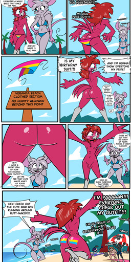 anthro beach big_butt bikini bikini_bottom bikini_top bodypaint butt butt_focus clothed clothed/nude clothing dialogue exhibitionism female femboy genitals laugh lgbt_pride male nude only_one_nude outdoor_nudity pansexual_pride_clothing pansexual_pride_colors penis pride_colors public public_nudity sign small_penis small_penis_appreciation speech_bubble swimwear text two-piece_swimsuit undressing y_shaped_butt_crack birbpan lgbt_pride_month pan_(birbpan) trish_(birbpan) avian mammal murid murine rat rodent absurd_res comic english_text hi_res trans_(lore) trans_woman_(lore)