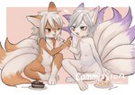 anthro balls blue_eyes blush brown_body brown_eyes brown_fur cake countershading dessert duo feeding_each_other flaccid food foreskin fur genitals hair kemono male male/male multi_tail navel nude penis shota sitting tail white_body white_fur white_hair young young_anthro young_male omurice-kun canid canine fox mammal absurd_res hi_res