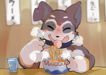 anthro blush breath collar collar_only eating eyes_closed food fur male noodles nude open_mouth panting restaurant solo spicy_food text tongue tongue_out tinntira rog_(rogulus) canid canine canis domestic_dog hybrid mammal wolf wolfdog absurd_res digital_media_(artwork) hi_res