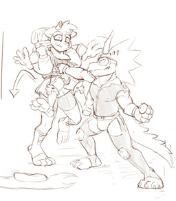 anthro bulge clothing female grappling group gut_punch hair hair_over_eyes horn leotard male punch trio introvertedpooch kings_of_hell gremile_'hotshot' magenta_(kings_of_hell) magnes_(kings_of_hell) demon imp hi_res