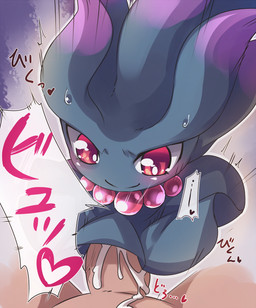 ambiguous_gender bodily_fluids cum cum_on_penis duo erection faceless_character faceless_male genital_fluids genitals heart_symbol interspecies kemono male not_furry penis pokephilia red_eyes smile solo_focus sweat text youki029 nintendo pokemon generation_2_pokemon ghost human mammal misdreavus pokemon_(species) spirit 2014 japanese_text