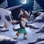 1:1 3_toes anthro black_body black_eyes black_fur bottomwear brown_bottomwear brown_clothing brown_pants canid canine canis claws clothed clothing crescent_moon detailed_background feet front_view fur govil_(unicorn_overlord) grass green_kilt grey_body grey_claws grey_fur grey_inner_ear grin hair hi_res kilt leg_armor looking_at_viewer male mammal moon outside pants plant pose red_sclera rock schynbalds sharp_teeth smile solo spread_arms standing teeth thundergale119 toe_claws toes topless tree unicorn_overlord vanillaware white_body white_fur white_hair wolf