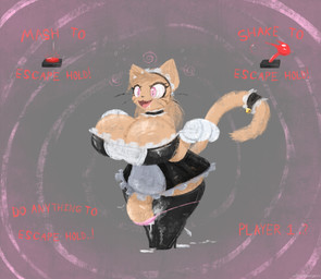 anthro bell brainwashing breasts brown_body brown_fur button_prompt clothing corruption footwear fur gameplay_mechanics genitals grey_background gynomorph high_heels hypnosis implied_transformation intersex maid_uniform mind_control open_mouth panties penis pink_eyes shoes shortstack shortstack_gynomorph shortstack_intersex simple_background solo standing tail_choker text underwear uniform allbadbadgers conditional_dnp domestic_cat felid feline felis mammal 2025 absurd_res digital_media_(artwork) english_text hi_res huge_filesize story story_in_description trans_(lore)