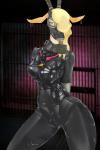 anthro bdsm bell blonde_hair bondage bondage_gear bound clothed clothing ear_piercing female gas_mask gimp_suit hair hair_over_eye hands_behind_back horn latex mask nipple_outline one_eye_obstructed piercing pose solo submissive submissive_female tight_clothing snk_(artist) disney zootopia gazelle_(zootopia) antelope bovid gazelle mammal 2016 2:3 absurd_res hi_res