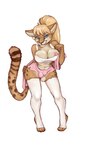 anthro areola balls biped blonde_hair breasts bulge clothed clothing ear_piercing ear_ring fingers genitals gynomorph hair intersex nipples piercing ring_piercing simple_background solo tail white_background sweltering cougar felid feline mammal absurd_res hi_res