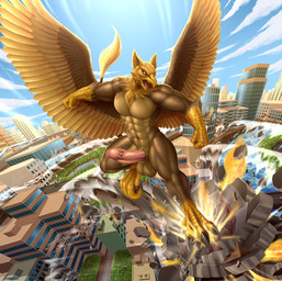 4_toes 5_fingers abs anthro balls beak biceps biped brown_body brown_fur building building_destruction city city_background city_crushing city_destruction cityscape claws crush destruction erection feathered_wings feathers feet finger_claws fingers flying fur genitals house humanoid_genitalia kick landing landscape_dwarfing macro macro_anthro macro_male male muscular muscular_anthro muscular_male nude outside paws pecs penile penis sky solo stomping tail toe_claws toes vein veiny_penis wings growingdragon mythology carpo avian gryphon mythological_avian mythological_creature hi_res