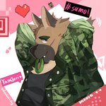 anthro blush brown_body brown_fur camo camo_clothing camo_print clothing embarrassed facial_scar fur holidays male overweight pattern_clothing pink_background scar simple_background solo text o3o_luri lifewonders tokyo_afterschool_summoners valentine's_day yasuyori_(tas) canid canine canis domestic_dog mammal 1:1 absurd_res english_text hi_res