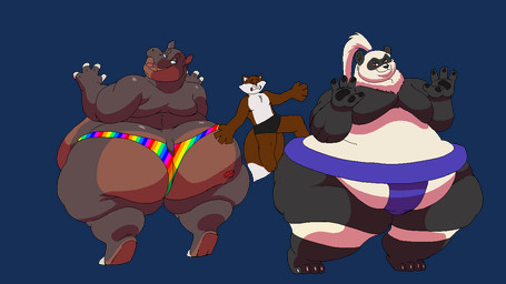 anthro asian_clothing back_fat belly between_butts big_belly big_butt black_body black_fur blue_clothing brown_body brown_skin butt butt_smother claws clothed clothing east_asian_clothing fat_arms fat_legs fur grey_body grey_skin group huge_belly huge_butt japanese_clothing male male/male mawashi moobs morbidly_obese multicolored_clothing multicolored_underwear obese overweight rainbow_clothing rainbow_underwear short_tail simple_background size_difference smile smothering tail tattoo thong topless topless_male trio underwear white_body white_fur kazecat julian_(kazecat) makuyama_(kazecat) bear canid canine common_hippopotamus fox giant_panda hippopotamid mammal 16:9 animated animated_gif short_playtime widescreen