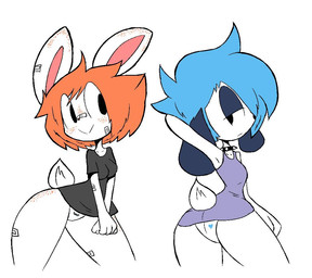:> anthro band-aid band-aid_on_arm band-aid_on_face band-aid_on_leg band-aid_on_nose bandage bandage_on_face bandage_on_nose black_eyes black_eyeshadow blue_hair blush breasts butt clothed clothing collar duo eyeshadow female freckled_ears freckled_face freckled_legs freckled_thighs freckles fur hair hand_behind_head makeup orange_hair panties panty_shot shirt simple_background small_breasts spiked_collar spikes tail thick_thighs topwear underwear white_background white_body white_fur wide_hips usagibun1 bosho_(usagibun1) rylee_(usagibun1) lagomorph leporid mammal rabbit 2022 digital_media_(artwork)