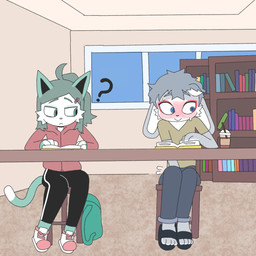 accessory anthro beverage blue_eyes bodily_fluids book bubble_tea clothing duo green_eyes green_hair grey_hair hair hair_accessory hairpin hoodie library male squirming sweat topwear 4bfox felid feline lagomorph leporid mammal rabbit 1:1 hi_res