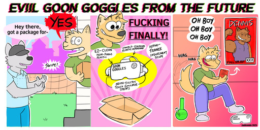 abstract_background anthro bong box clothing container delivery_(commerce) delivery_employee drugs flexing footwear grawss grin group humor hypnosis male male/male marijuana mind_control muscular muscular_male onomatopoeia profanity silly_face smile socks sound_effects tail tail_motion tailwag teeth text toony trio virtual_reality chadzadd zaddcomix dennis_(chadzadd) spencer_(chadzadd) canid canine canis coyote mammal wolf comic hi_res