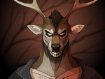 anthro antlers brown_body brown_fur brown_hair brown_nose clothed clothing front_view fur grey_clothing grey_topwear grin hair horn inner_ear_fluff looking_at_viewer male plant short_hair smile solo tan_inner_ear_fluff topwear tree tuft imperatorcaesar deer mammal 4:3 absurd_res bust_portrait hi_res portrait