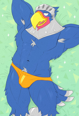 anthro armor armpit_hair beak biped black_eyebrows black_eyes blue_body blue_feathers blue_tail body_hair bulge chest_hair clothed clothed_anthro clothed_male clothing eyebrows feathers grass grey_helmet grey_pubes grey_tail hands_behind_head headgear helmet looking_at_viewer lying male male_anthro multicolored_body multicolored_feathers multicolored_tail muscular muscular_anthro muscular_male navel non-mammal_navel on_back open_beak open_mouth orange_clothing orange_underwear plant pubes red_body red_feathers scuted_legs scutes solo sparkles tail tail_feathers text tongue tongue_showing underwear white_tail yellow_beak isaacyote animal_crossing nintendo sterling_(animal_crossing) accipitrid accipitriform avian bird eagle 2025 artist_name digital_media_(artwork) hi_res