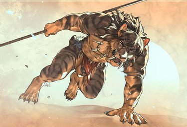 4_toes 5_fingers abstract_background action_pose anthro arm_markings armband balls barefoot black_lips bottomwear bottomwear_aside brown_body brown_fur casual_exposure claws clothed clothed_anthro clothed_male clothing clothing_aside countershade_arms countershade_balls countershade_face countershade_fur countershade_genitalia countershade_legs countershade_torso countershading crotch_apron eyebrows fangs feet finger_claws fingerpads fingers flaccid front_view fur genitals hair hand_on_ground holding_melee_weapon holding_object holding_polearm holding_spear holding_weapon humanoid_genitalia humanoid_hands humanoid_penis ineffective_clothing ineffective_loincloth inner_ear_fluff iris jewelry leg_markings legband lips loincloth loincloth_aside long_hair male markings melee_weapon monotone_hair multicolored_body multicolored_fur muscular muscular_anthro muscular_male navel necklace nub_tail open_mouth partially_clothed partially_clothed_anthro partially_clothed_male pawpads pelvic_curtain penis polearm pose pupils running sabertooth_(anatomy) short_tail solo spear striped_body striped_fur striped_markings stripes tail teeth thick_bottom_lip thighband toe_claws toes tongue tooth_necklace topless topless_anthro topless_male tuft weapon whiskers ama_dench_art felid feline mammal prehistoric_species saber-toothed_tiger 2025 digital_media_(artwork) full-length_portrait hi_res portrait signature