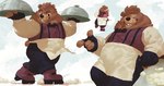 anthro apron biped bottomwear brown_body brown_fur clothing cloud eyes_closed fur humanoid_hands male musclegut muscular pants shirt solo topwear bernie_burr breeze_in_the_clouds alto_(breeze_in_the_clouds) bear mammal 2023 hi_res