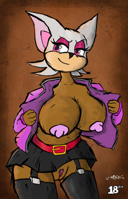 anthro bedroom_eyes big_breasts bottomwear breasts clothed clothing coat exhibitionism female female_anthro genitals half-closed_eyes legwear looking_at_viewer narrowed_eyes nipples presenting seductive simple_background skirt smile solo topwear vulva sega sonic_the_hedgehog_(series) rouge_the_bat bat mammal absurd_res hi_res
