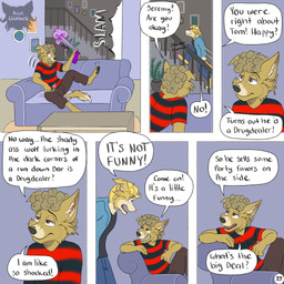 anthro barefoot black_clothing black_shirt black_topwear blonde_hair bottomwear cheek_tuft cigarette climbing_stairs clothing curly_hair dialogue door_slam duo facial_tuft feet fur furniture hair holding_cigarette holding_object holding_spray_can inside logo lounging male on_sofa page_number pants pattern_clothing pattern_shirt pattern_topwear pawpads sarcasm scared shirt six_frame_image sofa spraying striped_clothing striped_shirt striped_topwear stripes text topwear tuft upset yellow_body yellow_fur kriek_wildebeest boris_(kriek_wildebeest) jeremy_(kriek_wildebeest) border_collie canid canine canis collie domestic_dog herding_dog mammal pastoral_dog sheepdog 1:1 artist_logo comic english_text hi_res brother_(lore) brothers_(lore) sibling_(lore)
