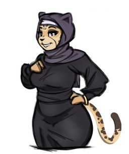 anthro bracelet breasts clothed clothed_anthro clothed_female clothing ears_up eyelashes female fingers fully_clothed fully_clothed_anthro fully_clothed_female fur hand_on_breast hand_on_hip headgear headwear hijab jewelry leopard_spots looking_at_viewer multicolored_body multicolored_fur religious_clothing religious_headwear simple_background smile solo spots tail topwear perfecthorizon siara_(perfecthorizon) felid leopard mammal pantherine 2025 colored colored_sketch digital_drawing_(artwork) digital_media_(artwork) shaded sketch
