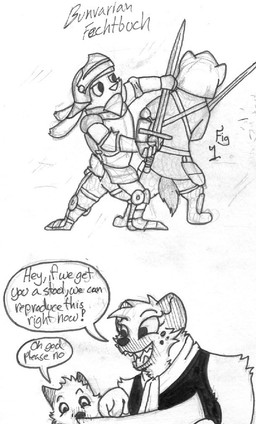 4_fingers ambiguous_gender anthro arm_tuft armor black_clothing black_nose black_topwear cheek_tuft clothing combat_manual cuirass dialogue dipstick_ears duo ear_markings ears_down exclamation_point eyebrows eyelashes facial_tuft female fight fingers fur furgonomics gesture hand_gesture headgear helmet holding_melee_weapon holding_object holding_paper holding_sword holding_weapon humor larger_female looking_at_another markings melee_weapon multicolored_ears neck_tuft open_mouth open_smile paper pivoted_ears pointing pun raised_eyebrows scarf scut_tail sharp_teeth short_tail shoulder_tuft simple_background size_difference sleeveless_topwear smaller_ambiguous smile speech_bubble spots spotted_body spotted_fur sword tail tassets teeth text topwear tuft weapon white_background white_body white_fur white_scarf labjer aafiya_khalil_(spiff) fan_character ambiguous_species canid hyena lagomorph leporid mammal rabbit spotted_hyena 2016 black_and_white english_text german_text monochrome traditional_media_(artwork) translated female_(lore)