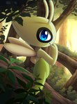 ambiguous_gender antennae_(anatomy) belly blue_eyes detailed_background eye_markings forest glistening glistening_eyes grass hand_to_face leaf light looking_at_viewer markings nature nature_background not_furry nude outside plant shrub side_view smile solo sunlight tree wings bokurei nintendo pokemon celebi elemental_creature elemental_humanoid fairy flora_fauna generation_2_pokemon humanoid legendary_pokemon plant_humanoid pokemon_(species) 2020 hi_res portrait