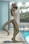 anthro areola black_nose breasts brown_eyes detailed_background eyelashes female hair long_hair looking_at_viewer natural_breasts nipples nude solo standing stretching swimming_pool water window mykegreywolf nat_(mykegreywolf) mammal mustelid otter 2014 digital_media_(artwork) hi_res