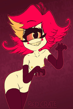 1_eye bottomless breasts butt clothed clothing female genitals hair looking_at_viewer multicolored_hair nipples not_furry nude paw_pose pose simple_background smile solo vulva yaravik hazbin_hotel hellaverse niffty_(hazbin_hotel) cyclops demon humanoid 2020 hi_res