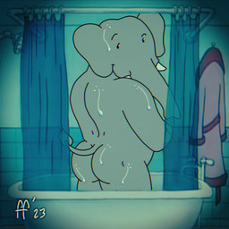 anthro bathrobe bathtub biped butt clothing grey_body grey_skin grey_tail_tuft looking_back male nude_anthro nude_male pose proboscis_(anatomy) robe shower_curtain solo tail tail_tuft trunk_(anatomy) tuft tusks wet fabfelipe babar_(franchise) babar_the_elephant_(character) elephant elephantid mammal proboscidean 1:1 2023 digital_drawing_(artwork) digital_media_(artwork) hi_res pinup