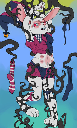 4_toes anthro areola arms_above_head barefoot bell black_tentacles blue_background blue_bottomwear blue_clothing blue_footwear blue_hat blue_headwear blue_shirt blue_shorts blue_socks blue_topwear bottomwear buckteeth bulge clothed clothed_anthro clothed_male clothing eye_patch eyewear feet fool's_hat footwear fur hat headgear headwear jester jingle_bell legwear looking_aside male male_anthro midriff multi_nipple multicolored_bottomwear multicolored_clothing multicolored_footwear multicolored_hat multicolored_shirt multicolored_shorts multicolored_socks multicolored_topwear nipples open_mouth pattern_clothing pattern_footwear pattern_legwear pattern_socks pink_areola pink_inner_ear pink_nipples pink_nose pupils red_bottomwear red_clothing red_eyes red_footwear red_hat red_headwear red_shirt red_shorts red_socks red_tongue red_topwear restrained restrained_by_tentacles shirt shorts simple_background snout sock_garters socks solo striped_clothing striped_footwear striped_socks stripes teeth tentacles toes tongue topwear two_tone_bottomwear two_tone_clothing two_tone_shorts white_body white_clothing white_ears white_footwear white_fur white_hat white_headwear white_shirt white_socks white_topwear deathheadmoth00 lagomorph leporid mammal rabbit 2026 3:5 hi_res
