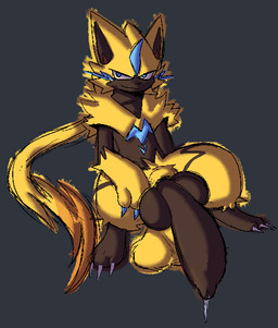 anthro balls big_balls big_penis black_body black_penis blue_eyes bodily_fluids claws dripping fluffy fur genital_fluids genitals huge_penis hyper hyper_genitalia looking_at_viewer male penis precum precum_drip presenting saggy_balls sitting solo toe_claws yellow_body yellow_fur gemon nintendo pokemon felid generation_7_pokemon legendary_pokemon mammal pokemon_(species) zeraora 2026 digital_media_(artwork) shaded
