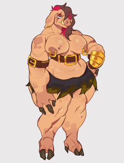 anthro areola arm_scar armband barbarian bottomwear breasts brown_hair clothing dewclaw_hooves ear_piercing ear_ring eye_scar facial_scar female hair half-closed_eyes highlights_(coloring) hooves leg_scar loincloth muscle_tone musclegut muscular muscular_anthro muscular_female narrowed_eyes nipple_piercing nipple_ring nipples piercing pink_areola pink_body pink_highlights pink_nipples pink_skin ring_piercing scar solo tusks waist_belt hdhxrrfg microsoft minecraft mojang xbox_game_studios mammal piglin suine absurd_res hi_res