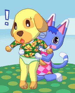 anthro assisted_exposure blue_body blue_fur blue_hair blush blush_stickers bodily_fluids brown_eyes brown_nose camel_toe chibi clothed clothing clothing_lift cloud collared_shirt dipstick_ears dipstick_tail dress dress_lift duo ear_markings exclamation_point female female/female fur grabbing_another grass green_clothing green_dress green_panties green_underwear hair kneeling knock-kneed leg_markings looking_at_viewer looking_down markings multicolored_ears noseless one_eye_closed open_mouth outside panties pink_clothing pink_dress pink_inner_ear plant purple_eyes questionable_consent shirt shocked short_tail sky smile socks_(marking) standing surprised sweat sweatdrop tail tail_markings tongue tongue_out topwear underwear white_markings wink yellow_body yellow_fur pixel_vibri animal_crossing nintendo goldie_(animal_crossing) rosie_(animal_crossing) canid canine canis domestic_cat domestic_dog felid feline felis mammal 2026 aliasing digital_media_(artwork) hi_res shaded