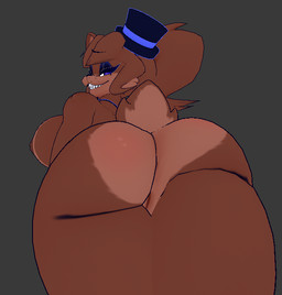anthro bedroom_eyes big_butt black_eyeshadow blue_eyes brown_body brown_fur brown_hair brown_nipples butt butt_focus clothing crossgender dark_nipples eyeshadow female fur genitals grey_background grin grinning_at_viewer hair hat headgear headwear looking_at_viewer looking_back looking_back_at_viewer looking_down looking_down_at_viewer low-angle_view makeup mtf_crossgender narrowed_eyes nipples nude nude_anthro nude_female ponytail rear_view scut_tail seductive sharp_teeth short_tail simple_background smile smiling_at_viewer solo tail teeth thick_thighs top_hat vulva cryptiacurves cryptiacurves_(modeler) fazclaire's_nightclub five_nights_at_freddy's scottgames freddy_(fnaf) frenni_(cryptiacurves) bear mammal 3d_(artwork) digital_media_(artwork)