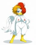 anthro areola beak blush breasts feathers female genitals hair hair_over_eye hand_on_hip looking_at_viewer multicolored_hair nipples non-mammal_breasts non-mammal_nipples nude one_eye_obstructed pussy short_hair simple_background smile solo standing white_background white_body white_feathers wide_hips sssonic2 eto_rangers tart_(eto_rangers) avian bird chicken galliform gallus_(genus) phasianid 2011 digital_media_(artwork) hi_res