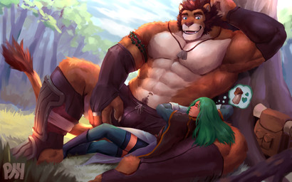 abs anthro backpack biceps blush bulge clothed clothing dream duo female fungus fur hair legwear male multicolored_body multicolored_fur muscular muscular_male mushroom necktie orange_body orange_fur outside pecs plant sleeping smile topless tree physen felid human lion mammal pantherine 16:10 2019 absurd_res digital_media_(artwork) hi_res widescreen