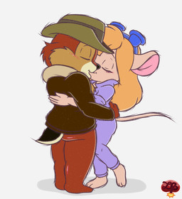anthro blonde_hair brown_body clothed clothing coat duo eyes_closed eyewear eyewear_on_head feet female fingers fur goggles goggles_on_head hair hat headgear headwear hug kissing long_hair male male/female overalls romantic romantic_ambiance romantic_couple simple_background smile standing tail toes topwear ladycherrybomba chip_'n_dale_rescue_rangers disney chip_(disney) gadget_hackwrench chipmunk ground_squirrel mammal mouse murid murine rodent sciurid digital_media_(artwork) hi_res