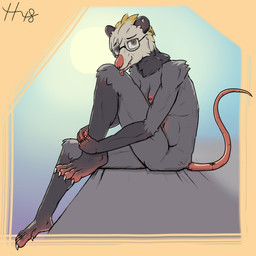 anthro barbell_piercing blonde_hair border breasts brown_eyes concrete_floor ear_piercing eyewear eyewear_only facial_piercing female fur glasses glasses_only grey_body grey_fur hair hairless_tail leaning leaning_forward nipple_barbell nipple_piercing nipples nose_piercing nose_ring nude piercing raised_tail ring_piercing solo sun tail tongue tongue_piercing wearing_glasses yellow_border haedra48 alice_(haedra48) american_opossum mammal marsupial 1:1 absurd_res hi_res