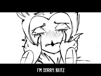 anthro black_bars bodily_fluids crying dialogue duo frown hair holding_face male sad short_hair simple_background tears text white_background white_text teathekook hellaverse helluva_boss blitzo_(helluva_boss) stolas_(helluva_boss) avian avian_demon bird demon imp owl owl_demon 4:3 english_text hi_res letterbox monochrome
