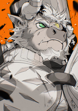 2_horns anthro beard clothed clothed_anthro clothed_male clothing cross cross_ear_piercing cross_piercing cut_horn dark_body dark_fur eyebrows facial_hair facial_markings forehead_markings fur furrowed_brow green_eyes hair head_horn head_markings horn horn_jewelry horn_ring jewelry looking_aside male markings mouth_closed orange_background overbite piercing pupils ring_(jewelry) ringed_iris simple_background solo topwear white_beard white_eyebrows white_facial_hair white_hair white_sclera yellow_markings chiayeeee lightidal bovid bovine cattle mammal 2025 bust_portrait digital_drawing_(artwork) digital_media_(artwork) portrait