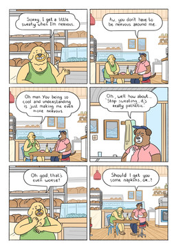 anthro belly big_belly black_nose bodily_fluids bottomwear bread brown_body clothing detailed_background dialogue duo eyes_closed food grid_layout humanoid_hands inside male male/male nervous nervous_smile nervous_sweat overweight overweight_male pants shirt sitting six_frame_image sweat text topwear lukehealy canid canine canis domestic_dog mammal 2020 comic english_text hi_res