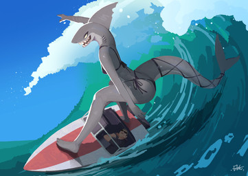 anthro barefoot bikini bikini_bottom bikini_top biped boat breasts butt clothed clothed_anthro clothed_female clothed_human clothing countershade_torso countershading day duo earless eyewear feet female female_anthro fin fingers gills glasses grey_body grey_tail hair head_fin larger_anthro larger_female looking_up male male_human non-mammal_breasts open_mouth open_smile outside plantigrade raised_tail sharp_teeth shirt size_difference sky smaller_human smaller_male smile standing surfing swimwear t-shirt tail tail_fin teeth thick_tail toes tongue topwear two-piece_swimsuit vehicle watercraft el-k brea_(el-k) aquatic fish human mammal shark 2025 absurd_res digital_drawing_(artwork) digital_media_(artwork) hi_res