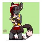 alcohol anthro beer beverage bottomwear clothing female kneeling skirt solo berriesandcoffee vermillion canid canine canis mammal vampire wolf 1:1 hi_res